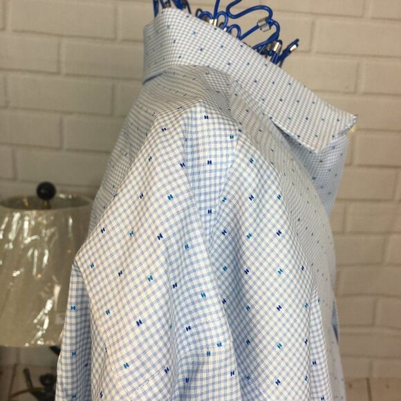Mens Tommy Hilfiger Blue H-Print Preppy Dress Shirt 17.5 L Collared Button - Picture 6 of 9